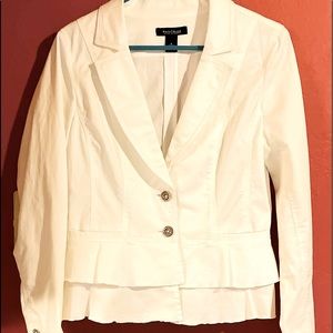 WHBM white shorter jacket with ruffled bottom. Size 8